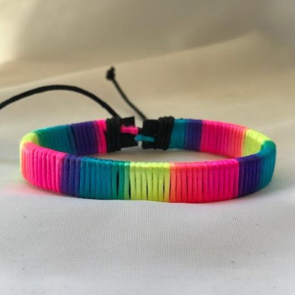 1980's Party On Neon Wrap Braided Leather Handmade Bracelet Adjustable Wristband - Picture 1 of 2